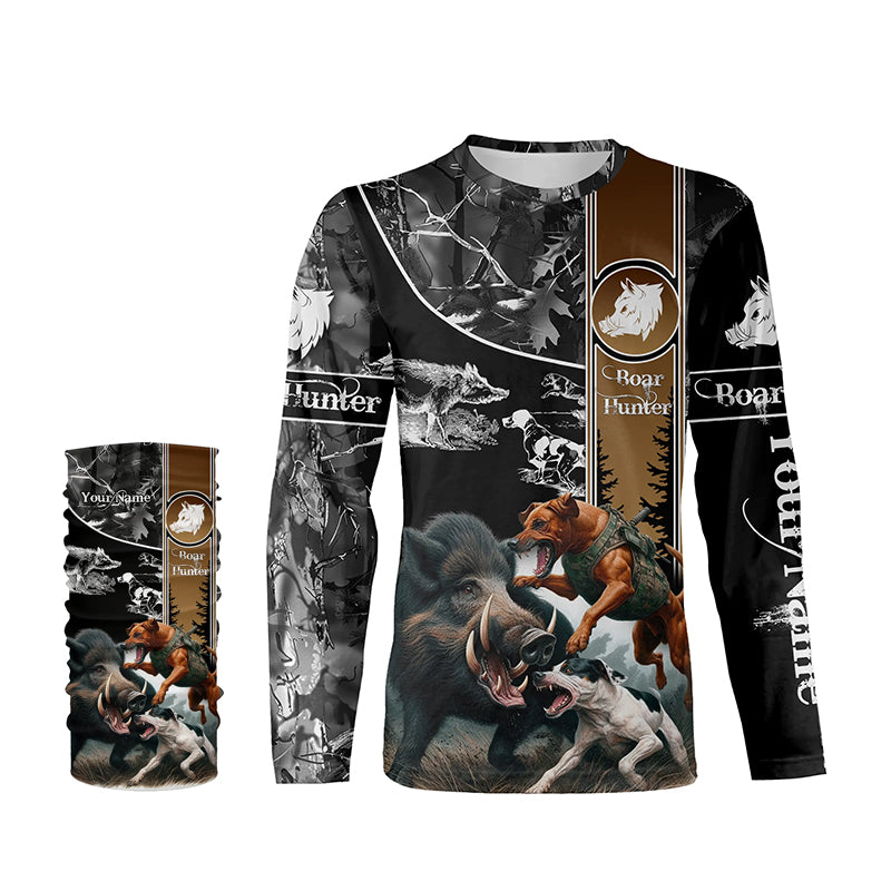 Wild Boar Hunting with Dogs Camo Custom Name Shirts, Boar hunting shirt, Gift for hunter