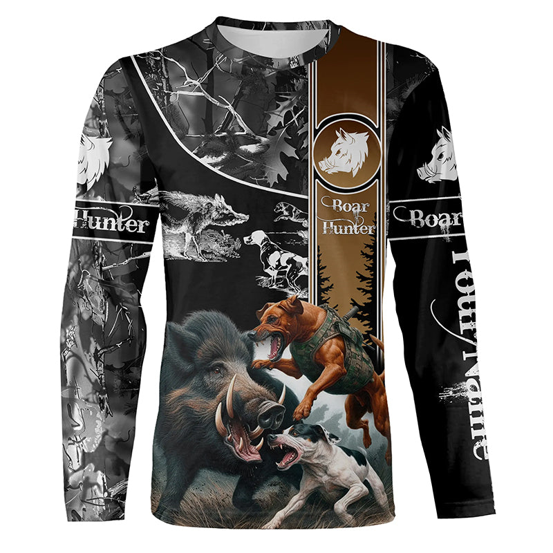 Wild Boar Hunting with Dogs Camo Custom Name Shirts, Boar hunting shirt, Gift for hunter