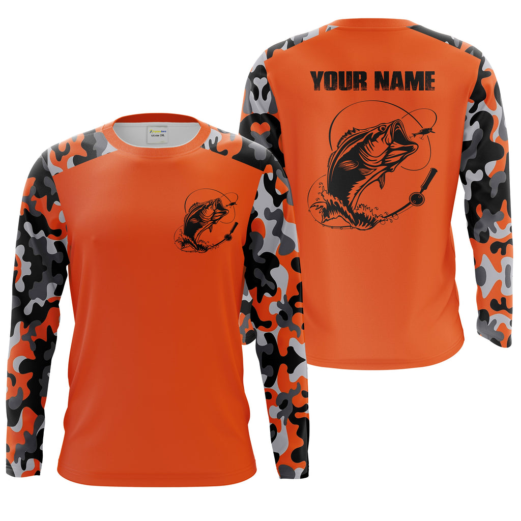 Custom Name Bass Fishing Camouflage Orange Performance Fishing Shirt, Bass Fishing Jerseys