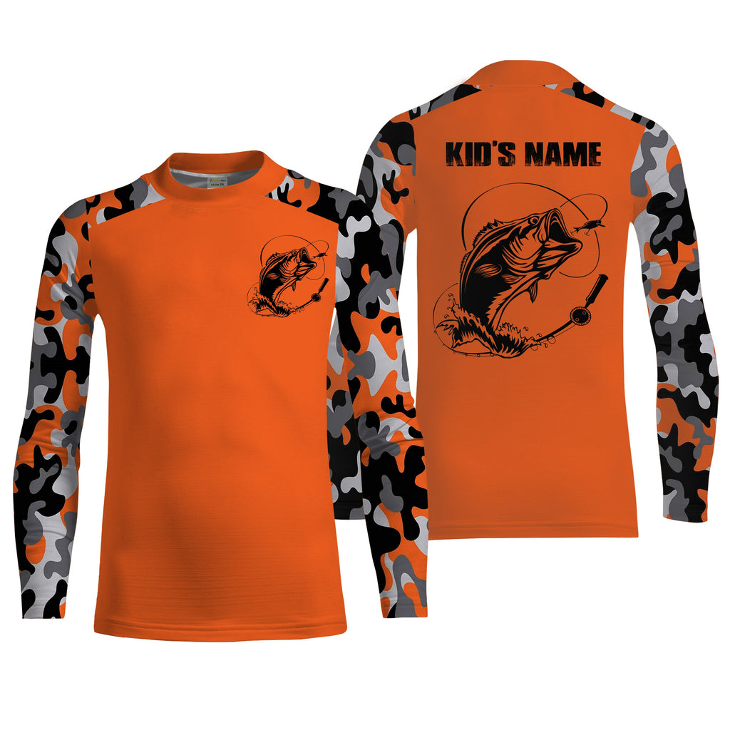 Custom Name Bass Fishing Camouflage Orange Performance Fishing Shirt, Bass Fishing Jerseys