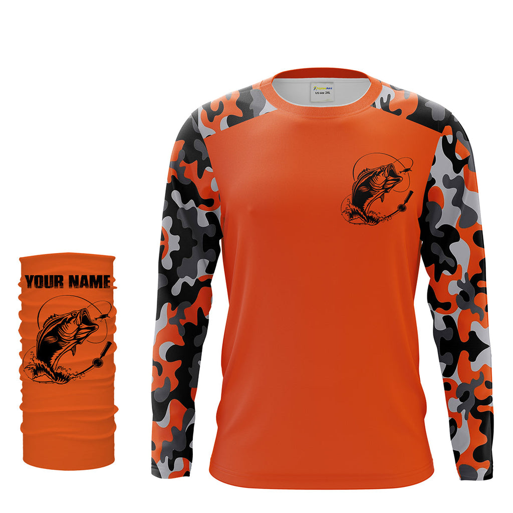 Custom Name Bass Fishing Camouflage Orange Performance Fishing Shirt, Bass Fishing Jerseys