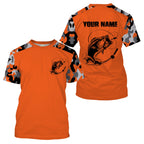 Custom Name Bass Fishing Camouflage Orange Performance Fishing Shirt, Bass Fishing Jerseys