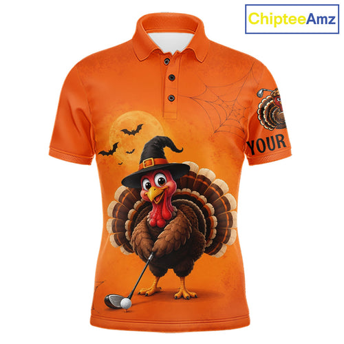 Halloween Turkey Golf Polo Shirt, Custom Name Thanksgiving Golf Team Shirt