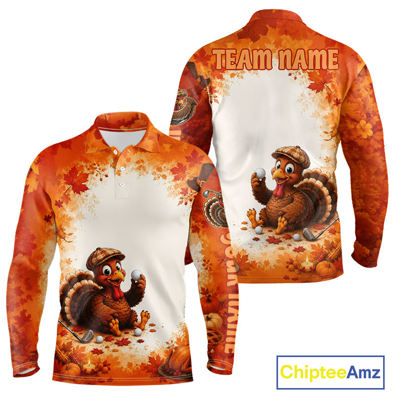 Thanksgiving Turkey Golf Polo Shirt Custom Name, Personalized Fall Golf Tops