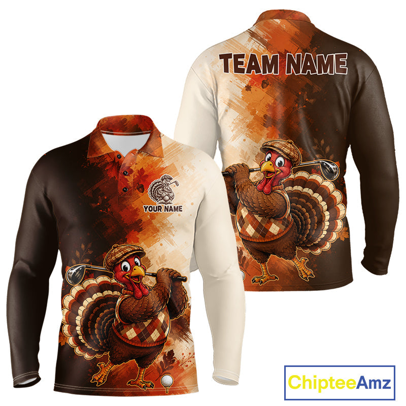 Personalized Vintage Autumn Golf Tops, Thanksgiving Turkey Golf Polo Shirt Custom Name