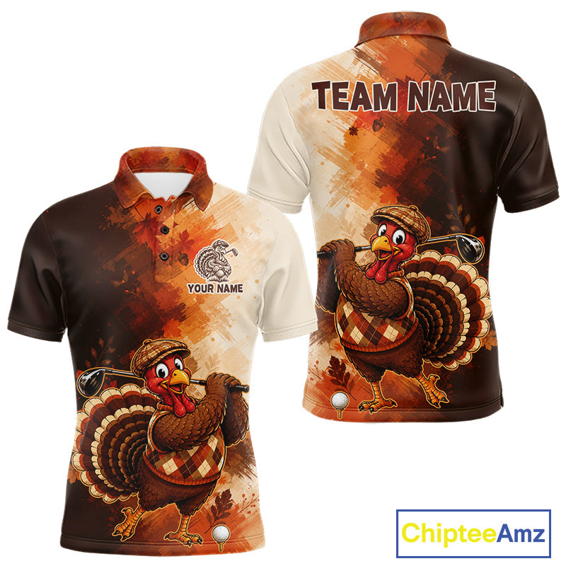 Personalized Vintage Autumn Golf Tops, Thanksgiving Turkey Golf Polo Shirt Custom Name