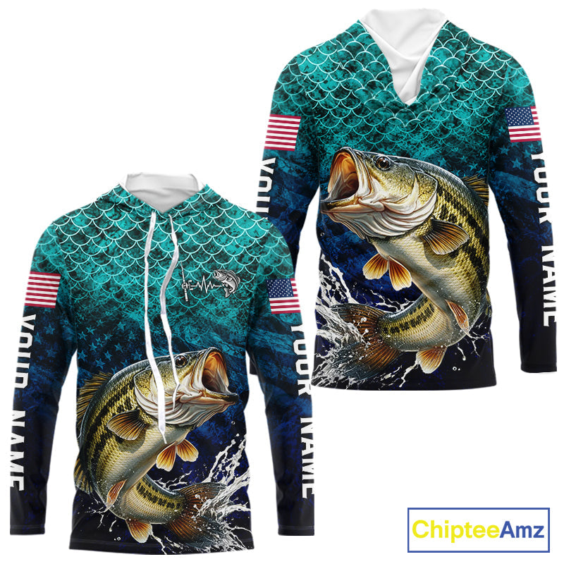 American Flag Bass Fish Long Sleeve Hooded Performance Fishing Shirt Custom Angler Tournament Jersey