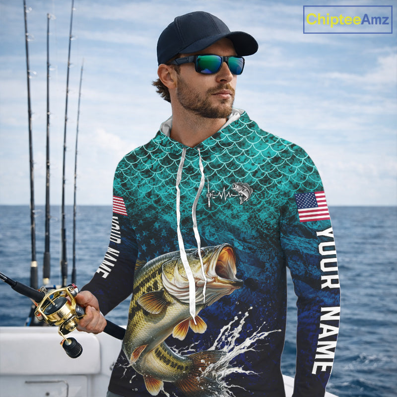American Flag Bass Fish Long Sleeve Hooded Performance Fishing Shirt Custom Angler Tournament Jersey