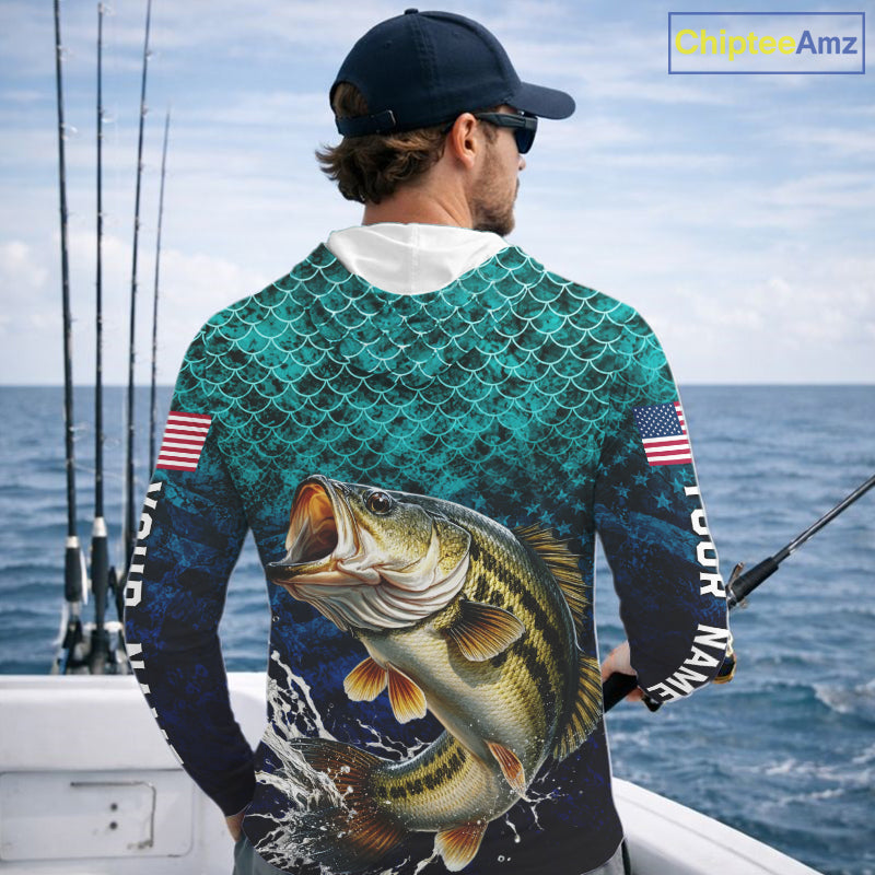 American Flag Bass Fish Long Sleeve Hooded Performance Fishing Shirt Custom Angler Tournament Jersey
