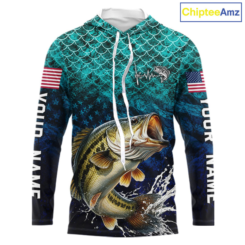 American Flag Bass Fish Long Sleeve Hooded Performance Fishing Shirt Custom Angler Tournament Jersey