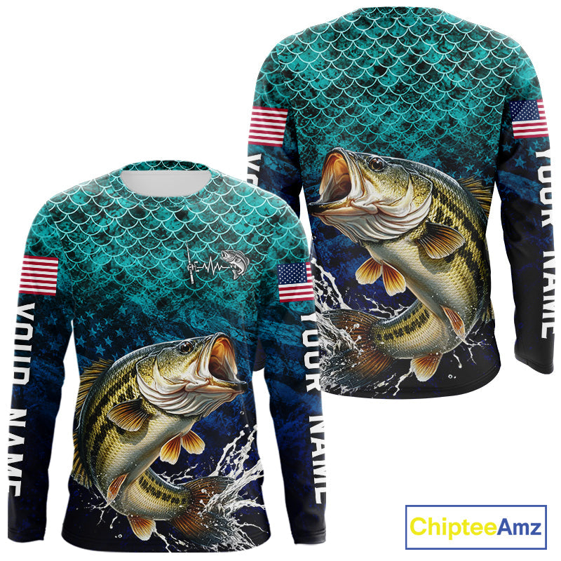 American Flag Bass Fish Long Sleeve Performance Fishing Shirt Custom Angler Tournament Jersey