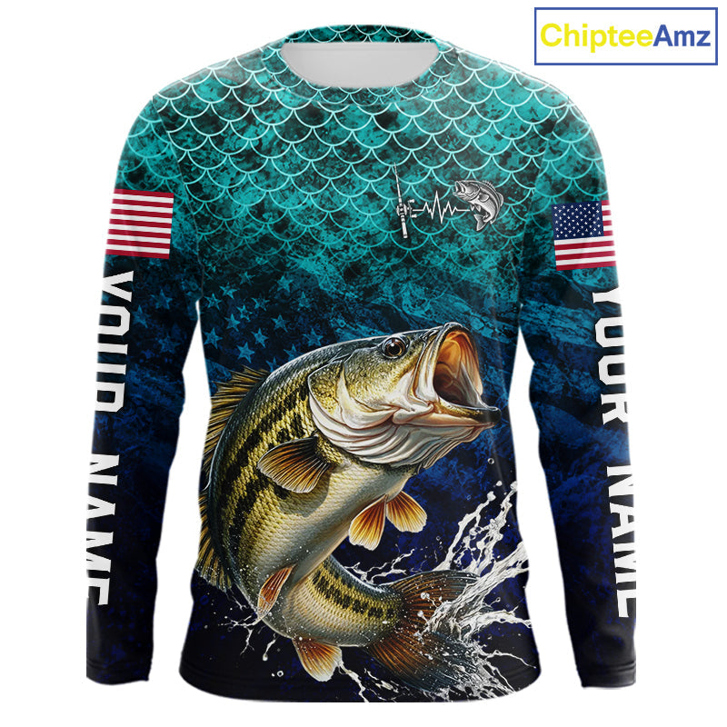 American Flag Bass Fish Long Sleeve Performance Fishing Shirt Custom Angler Tournament Jersey