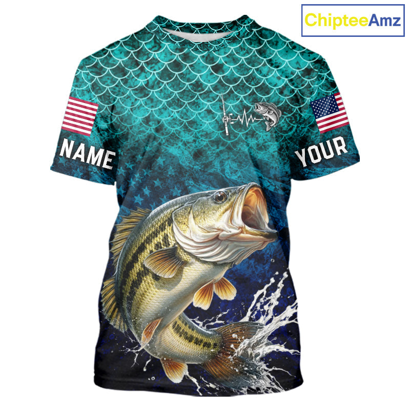 American Flag Bass Fish Short Sleeve Performance Fishing Shirt Custom Angler Tournament Jersey