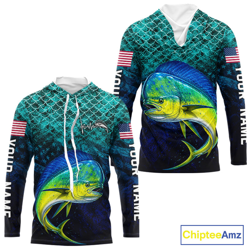 American Flag Mahi Mahi Fish Long Sleeve Hooded Performance Fishing Shirt Custom Angler Tournament Jersey