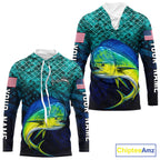 American Flag Mahi Mahi Fish Long Sleeve Hooded Performance Fishing Shirt Custom Angler Tournament Jersey