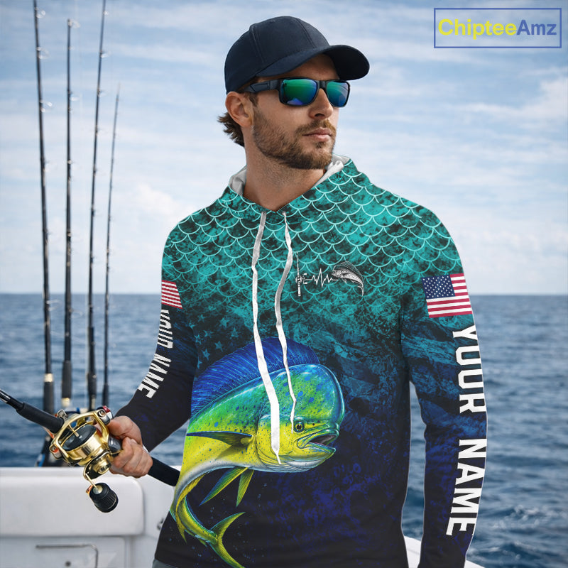 American Flag Mahi Mahi Fish Long Sleeve Hooded Performance Fishing Shirt Custom Angler Tournament Jersey