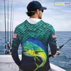 American Flag Mahi Mahi Fish Long Sleeve Hooded Performance Fishing Shirt Custom Angler Tournament Jersey