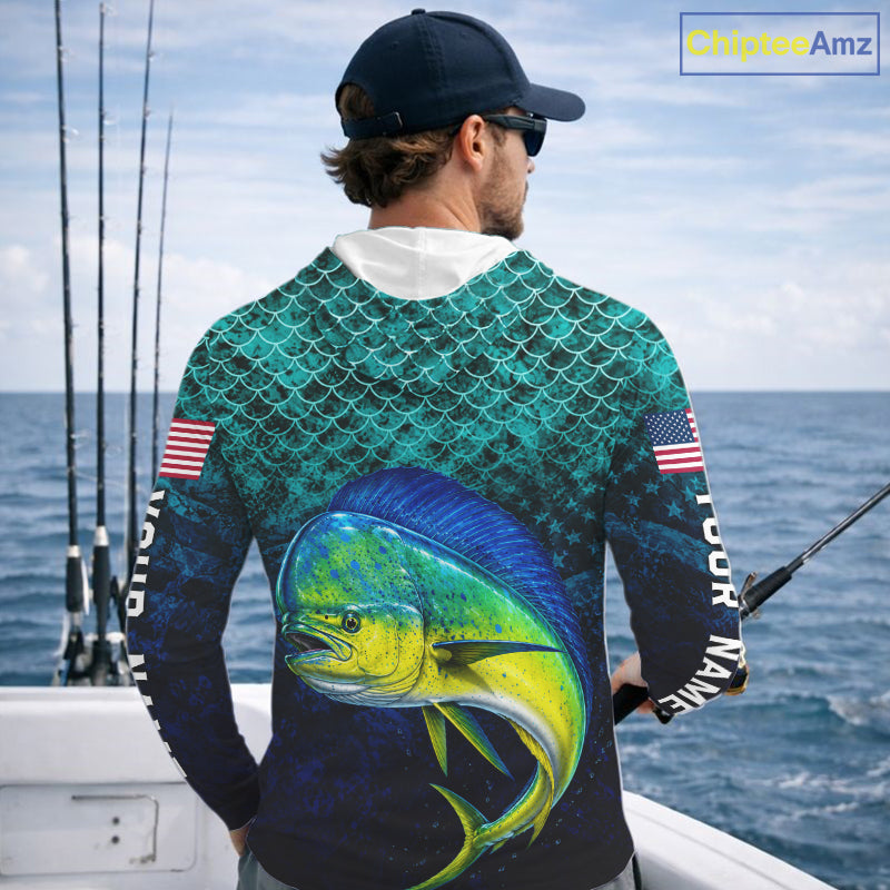 American Flag Mahi Mahi Fish Long Sleeve Hooded Performance Fishing Shirt Custom Angler Tournament Jersey