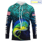 American Flag Mahi Mahi Fish Long Sleeve Hooded Performance Fishing Shirt Custom Angler Tournament Jersey
