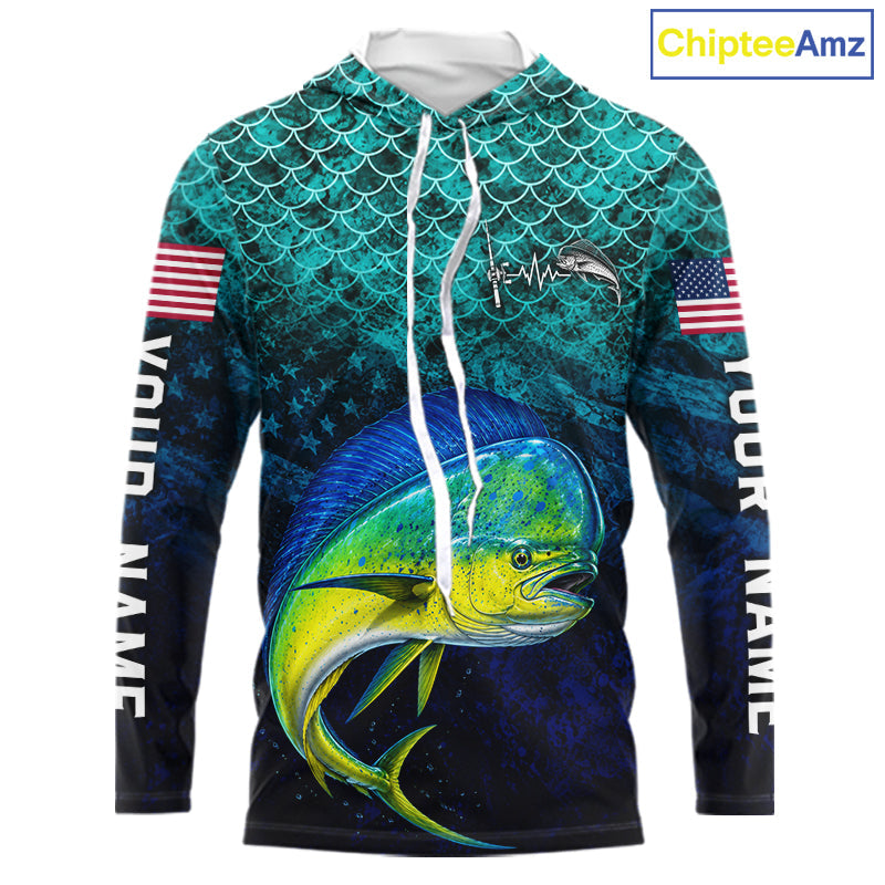American Flag Mahi Mahi Fish Long Sleeve Hooded Performance Fishing Shirt Custom Angler Tournament Jersey