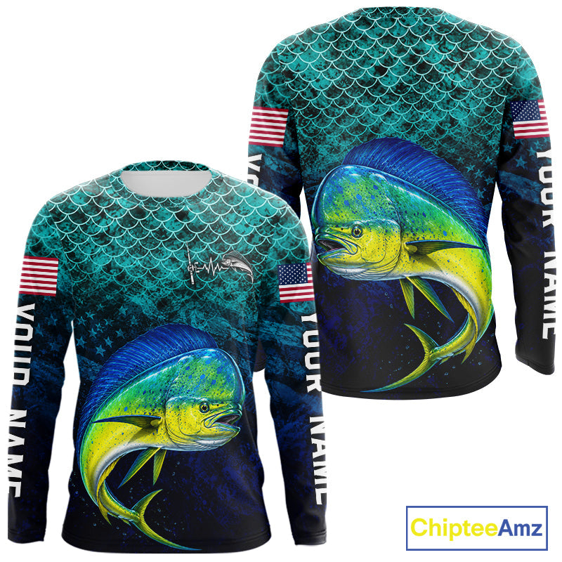 American Flag Mahi Mahi Fish Long Sleeve Performance Fishing Shirt Custom Angler Tournament Jersey