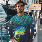 American Flag Mahi Mahi Fish Long Sleeve Performance Fishing Shirt Custom Angler Tournament Jersey