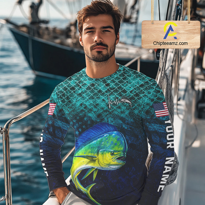 American Flag Mahi Mahi Fish Long Sleeve Performance Fishing Shirt Custom Angler Tournament Jersey