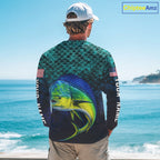 American Flag Mahi Mahi Fish Long Sleeve Performance Fishing Shirt Custom Angler Tournament Jersey