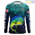 American Flag Mahi Mahi Fish Long Sleeve Performance Fishing Shirt Custom Angler Tournament Jersey