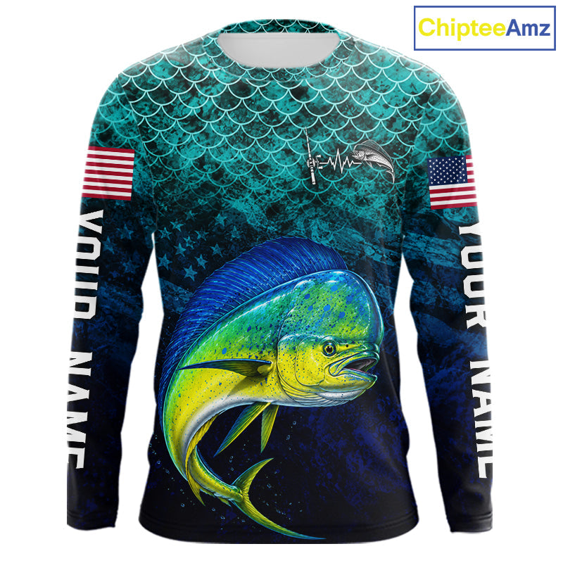 American Flag Mahi Mahi Fish Long Sleeve Performance Fishing Shirt Custom Angler Tournament Jersey