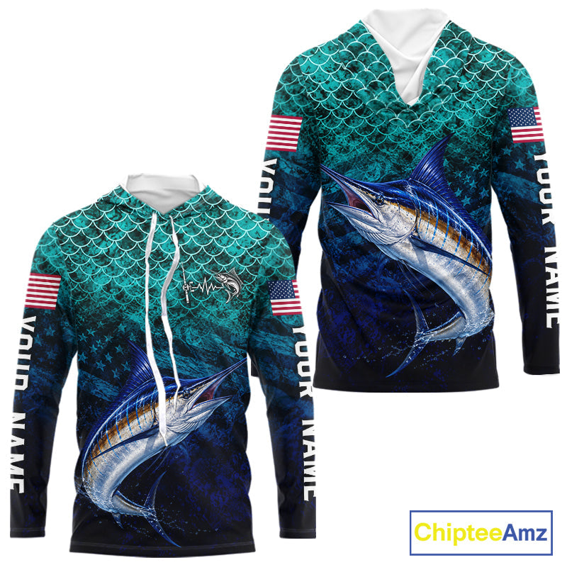 American Flag Marlin Fish Long Sleeve Hooded Performance Fishing Shirt Custom Angler Tournament Jersey