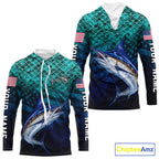 American Flag Marlin Fish Long Sleeve Hooded Performance Fishing Shirt Custom Angler Tournament Jersey