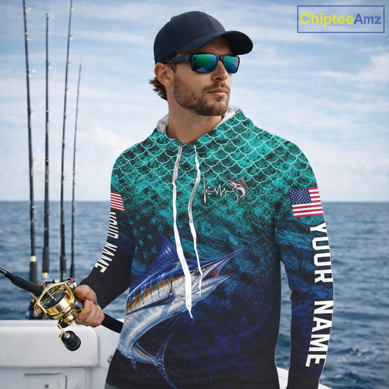 American Flag Marlin Fish Long Sleeve Hooded Performance Fishing Shirt Custom Angler Tournament Jersey