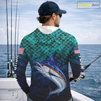 American Flag Marlin Fish Long Sleeve Hooded Performance Fishing Shirt Custom Angler Tournament Jersey