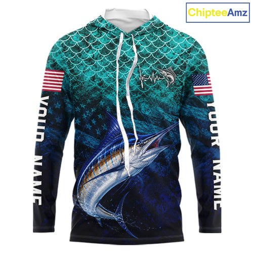 American Flag Marlin Fish Long Sleeve Hooded Performance Fishing Shirt Custom Angler Tournament Jersey