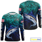 American Flag Marlin Fish Long Sleeve Performance Fishing Shirt Custom Angler Tournament Jersey