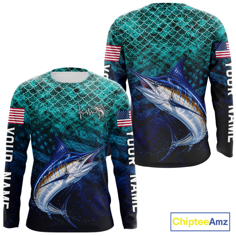 American Flag Marlin Fish Long Sleeve Performance Fishing Shirt Custom Angler Tournament Jersey