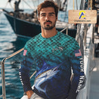 American Flag Marlin Fish Long Sleeve Performance Fishing Shirt Custom Angler Tournament Jersey