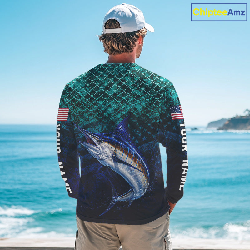 American Flag Marlin Fish Long Sleeve Performance Fishing Shirt Custom Angler Tournament Jersey