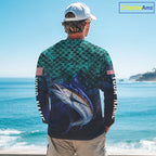 American Flag Marlin Fish Long Sleeve Performance Fishing Shirt Custom Angler Tournament Jersey