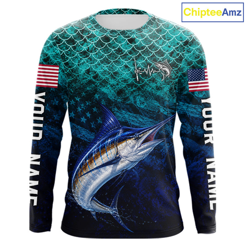 American Flag Marlin Fish Long Sleeve Performance Fishing Shirt Custom Angler Tournament Jersey