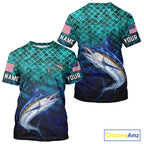 American Flag Marlin Fish Short Sleeve Performance Fishing Shirt Custom Angler Tournament Jersey