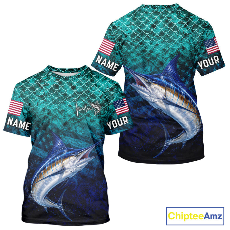American Flag Marlin Fish Short Sleeve Performance Fishing Shirt Custom Angler Tournament Jersey