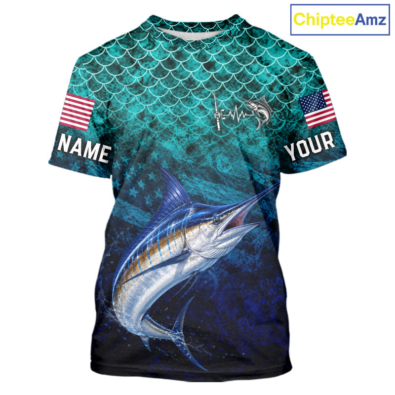 American Flag Marlin Fish Short Sleeve Performance Fishing Shirt Custom Angler Tournament Jersey