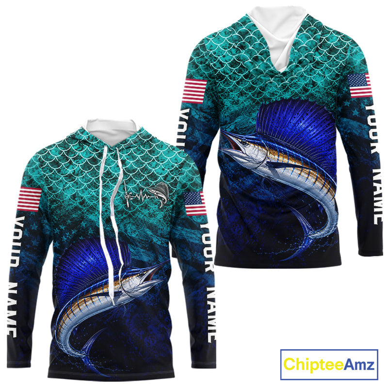 American Flag Sailfish Fish Long Sleeve Hooded Performance Fishing Shirt Custom Angler Tournament Jersey