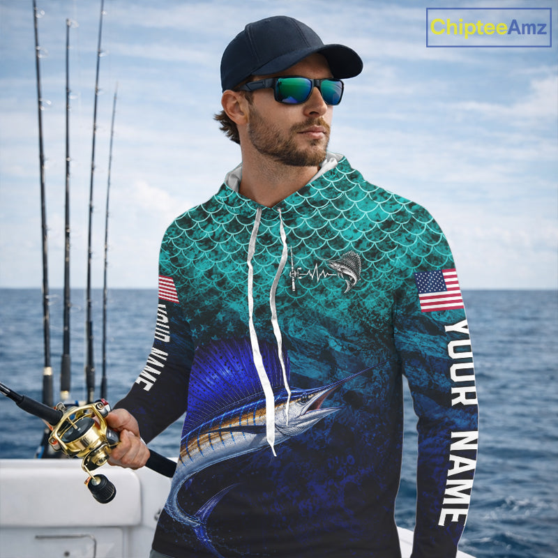 American Flag Sailfish Fish Long Sleeve Hooded Performance Fishing Shirt Custom Angler Tournament Jersey