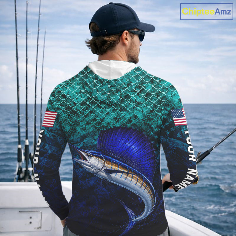 American Flag Sailfish Fish Long Sleeve Hooded Performance Fishing Shirt Custom Angler Tournament Jersey
