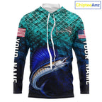 American Flag Sailfish Fish Long Sleeve Hooded Performance Fishing Shirt Custom Angler Tournament Jersey