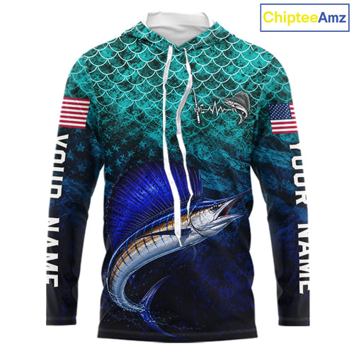 American Flag Sailfish Fish Long Sleeve Hooded Performance Fishing Shirt Custom Angler Tournament Jersey