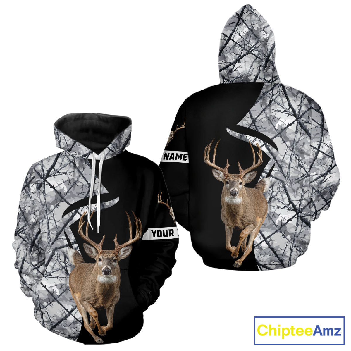 Deer Hunting Big Game Black Camo Gray Custom Name 3D All Over Print Shirts, Hunting Gifts